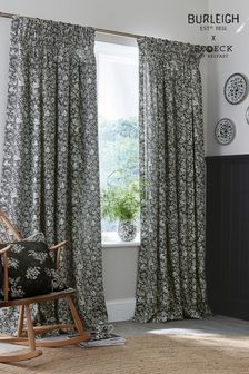 Burleigh X Bedeck Of Belfast Charcoal/White Regal Peacock 100% Cotton Blackout Pencil Pleat Curtains