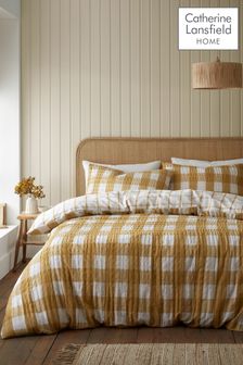 Catherine Lansfield Caramel Brushed Seersucker Gingham Check Duvet Cover Set