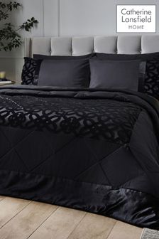 Catherine Lansfield Black Lattice Cut Velvet Quilted Bedspread