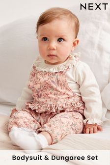 Pale Pink Baby Floral Ditsy Cord Dungaree and Bodysuit (0mths-3yrs) (AT2130) | £19 - £21