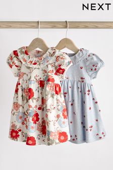 Blue/Red Floral Short Sleeves Baby Jersey Dress 2 Pack (0mths-2yrs) (AV1402) | £16 - £18