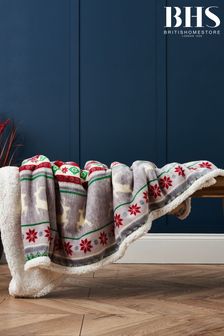 BHS Red Christmas Stag Stripe Throw Sherpa