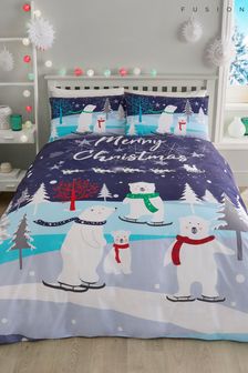 Fusion Blue Christmas Bears Duvet Cover and Pillowcase Set