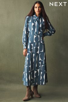Blue Geo High Neck Long Sleeve Zip Midi Dress (C01269) | £58