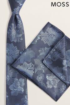 Moss Bros Navy Blue Floral Tie And Hank Set