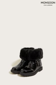 Monsoon Patent Butterfly Faux Fur Trim Black Boots (C02853) | £34 - £38
