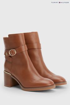 Tommy Hilfiger Tan Brown Belted Heeled Leather Boots