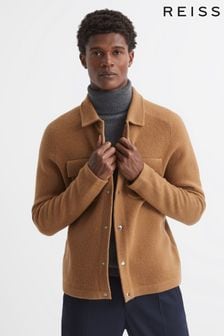 Reiss Camel Tumble Wool Press Stud Knitted Over Shirt (C03466) | £168