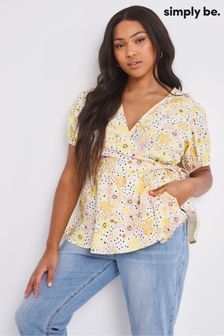 Simply Be Yellow Floral Cotton Blend Wrap Top