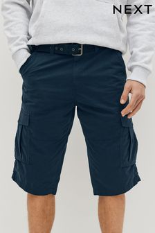 Navy Long Length Belted Cargo Shorts (C07133) | £35