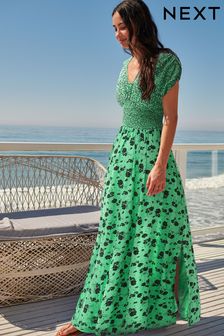 Green Print Shirred Waist V-Neck Sleeveless Maxi Dress (C08344) | £36