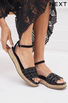 Black Regular/Wide Fit Forever Comfort® Leather Platform Sandals with Woven Detail (C11946) | £42