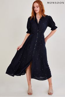 Monsoon Blue Embroidered Spot Shirt Dress In Lenzing EcoVero (C14137) | £70