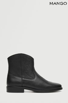 Mango Black Leather Cowboy Ankle Boots