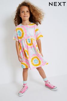 Ecru White/Pink Tie Dye Print Short Sleeve Jersey Dress (3-16yrs) (C15937) | £10 - £15