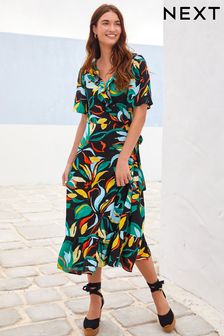 Black Leaf Wrap Midi Summer Dress (C16129) | £39