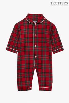 Trotters London Little Red Tartan Cosy Christmas Cotton Sleepsuit (C18373) | £48