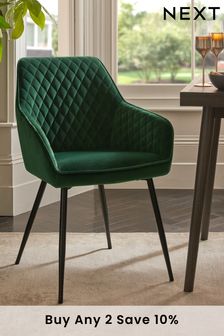 Set of 2 Soft Velvet Emerald Green Black Leg Hamilton Arm Dining Chairs (C20304) | £299