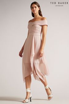 Ted Baker Pink Edenio Bardot Midi Dress With Ruffle Skirt (C22583) | £250