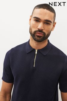 Indigo Blue Bubble Texture Knitted Zip Polo Shirt (C24788) | £32