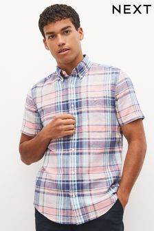 Blue/Pink Linen Blend Short Sleeve Check Shirt (C24982) | £30