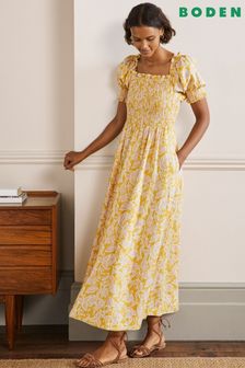 Boden Yellow Smocked Bodice Midi Dress