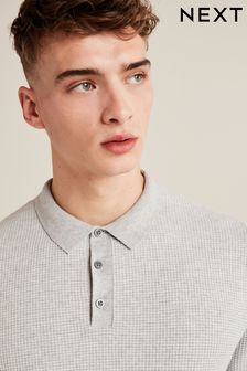 Grey Textured Knitted Polo Shirt (C26372) | £32