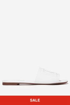 Dolce & Gabbana Kids Girls Leather Cut Out Logo Sliders in White