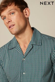 Green/White Cuban Collar Geo Printed Short Sleeve Shirt (C28241) | £30