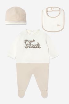 Fendi Kids Baby Logo 3 Piece Gift Set in Beige