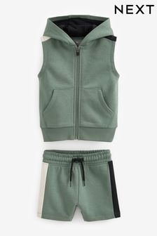 Khaki Green Sleeveless Hoodie and Short Set (3mths-7yrs) (C30870) | £14 - £18