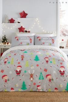 Fusion Grey Christmas Elf & Santa Duvet Cover and Pillowcase Set