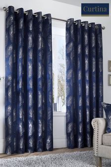 Curtina Blue Feather Jacquard Lined Eyelet Curtains