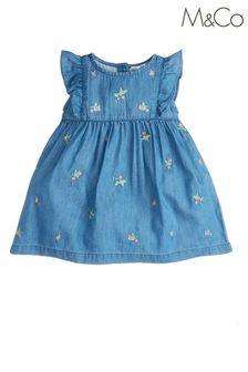 M&Co Newborns Blue Denim Floral Embroidered Dress