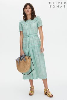 Oliver Bonas Green Daisy Stripe Print Midi Dress