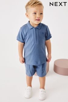 Blue Short Sleeve Jersey Zip Neck Polo embroidered Shirt And Shorts Set (3mths-7yrs) (C33120) | £14 - £18