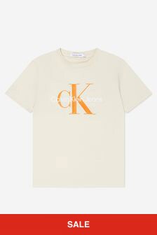 Calvin Klein Jeans Unisex Organic Cotton Monogram Logo T-Shirt in Beige