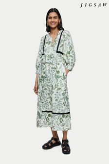 Jigsaw Green Botanist Floral Linen Dress (C34128) | £175