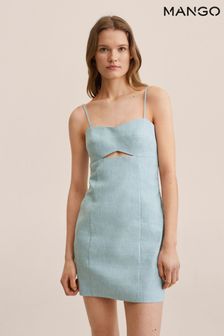 Mango Blue Cut-Out Linen-Blend Dress