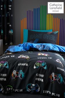 Catherine Lansfield Black Game Over Reversible Duvet Cover And Pillowcase Set