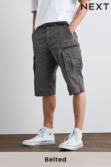 Charcoal Grey Long Length Belted Cargo elastisk Shorts (C35658) | £35