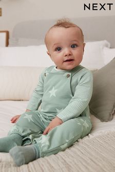 Sage Green Star Jersey Baby Dungarees And Bodysuit (0mths-2yrs) (C37139) | £17 - £19