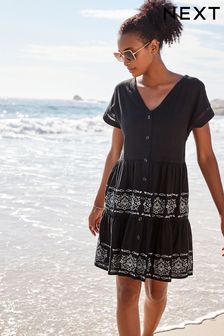 Black Embroidery Detail Linen Blend Tiered Mini Dress (C39095) | £36