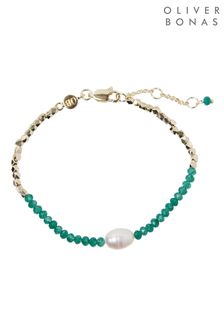 Oliver Bonas Green Geila Beaded Jade And Pearl Gold Plated Chain Bracelet