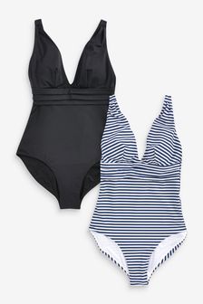 Black/Stripe 2 Pack Tummy Control Plunge Swimsuits (C41950) | £68