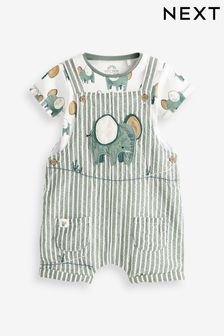 Green Stripe Elephant Woven Baby Dungarees and Bodysuit Set (0mths-2yrs) (C43250) | £20 - £22