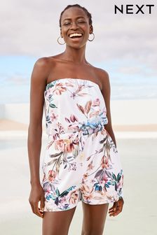 White Floral Bandeau Boobtube Playsuit (C43341) | £22