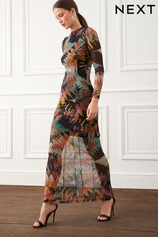 Black Fern Print Long Sleeve Mesh Midi Dress (C43884) | £38