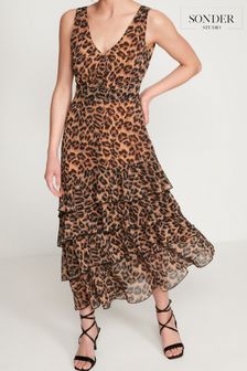 Sonder Studio Brown Glamour Ruffle Animal Print Midaxi Dress