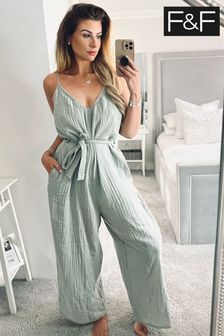 F&F Mrs Hinch Olive Green Cheesecloth Jumpsuit (C48849) | £22
